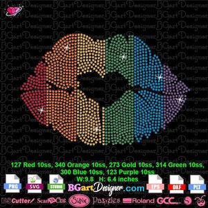 LGBT Rainbow lips heart Download SVG digital rhinestone template, gay pride silhouette bling cricut, kissing DIY transfer for t-shirt