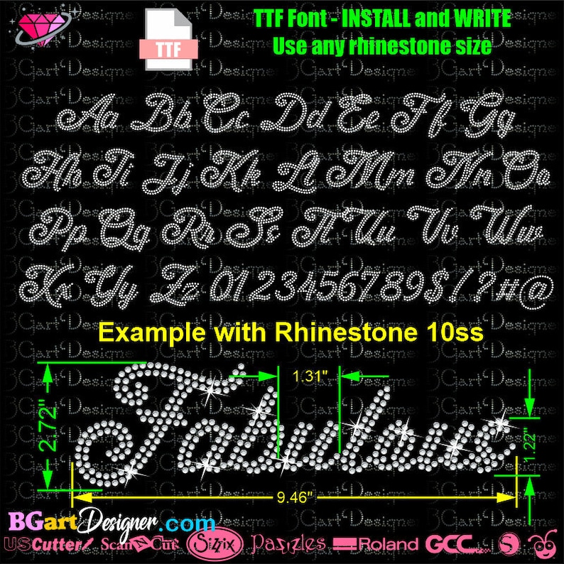 May include: Black graphic showing a rhinestone font with uppercase and lowercase letters, numbers, and symbols. The word "Fabulous" is displayed as an example. The image includes the text "TTF Font - INSTALL and WRITE" and "Use any rhinestone size."