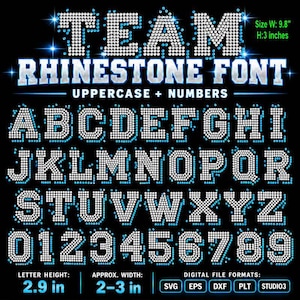 May include: A digital graphic of a rhinestone font featuring uppercase letters A through Z and numbers 0 through 9. The characters are composed of white circular dots with blue outlines on a black background. Text includes Team Rhinestone Font Uppercase + Numbers, with dimensions of 9.8 inches wide by 3 inches high, and letter heights of 2.9 inches.