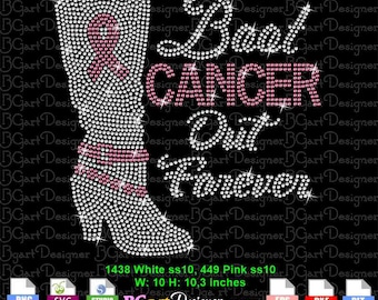 Puede incluir: Un diseño de pedrería sobre fondo negro. El diseño presenta una bota de tacón alto hecha de pedrería blanca, con una cinta rosa y una banda rosa alrededor del tobillo. El texto dice "Boot Cancer Out Forever". La bota mide 25,4 cm de ancho y 26,2 cm de alto.