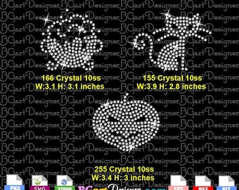 Téléchargement instantané Halloween éléments strass 10ss modèle svg, silhouette cricut fichiers coupés vectoriels, transfert diy, chaudron chat citrouille