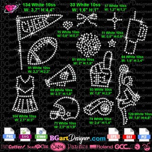 May include: A collection of white rhinestone designs on a black background, including a football, cheerleader, megaphone, and other sports-themed graphics. The image includes file format icons and the text "BGartDesigner.com".