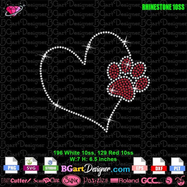 Heart Paw Print rhinestone, dog cat love bling svg, eps, outline cricut silhouette, rhinestone 10ss template