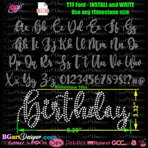 May include: A black graphic featuring rhinestone letters and numbers. The image includes the alphabet, numbers, and symbols, plus the word "Birthday" in a cursive font. The text "TTF Font - INSTALL and WRITE" is also present.