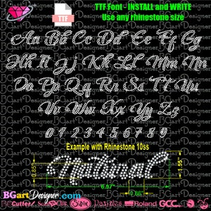 Puede incluir: Gráfico negro con un alfabeto de fuente de pedrería, números y una palabra de ejemplo. El texto incluye instrucciones para instalar y escribir con la fuente. La palabra de ejemplo mide 17,7 cm de largo y 3,9 cm de alto.