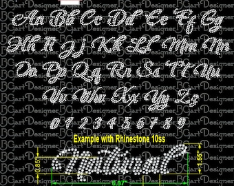 May include: A black graphic with a rhinestone font alphabet, numbers, and an example word. The text includes instructions to install and write with the font. The example word is 6.97 inches long and 1.55 inches high.