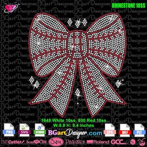May include: A white and red rhinestone bow design with 1648 white rhinestones and 800 red rhinestones. The bow is 8.8 inches wide and 9.4 inches high.