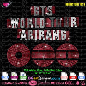 May include: A black graphic design with the text "BTS WORLD TOUR ARIRANG" in white and red rhinestones. The design includes the BTS logo and other decorative elements. The design is 11 inches wide and 9.4 inches high.
