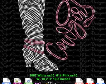 May include: Rhinestone design of a boot with the word "Boss" in pink rhinestones. The design is 10.2 inches wide and 10.3 inches tall. The design is available in white and pink rhinestones.