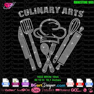 May include: White rhinestone design of culinary tools, including a chef's hat, a knife, a fork, a spoon, and a whisk. The design is 10 inches wide and 10.1 inches tall. The design is labeled "Culinary Arts" and "1632 White 10ss".