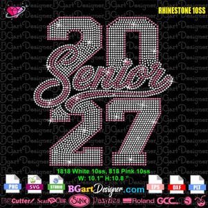 May include: A rhinestone transfer design featuring the number 20 and 27 in white with the word Senior in pink script across the middle. The design uses 10ss rhinestones and measures 10.1 inches wide by 10.8 inches high, with 1818 white and 818 pink stones.