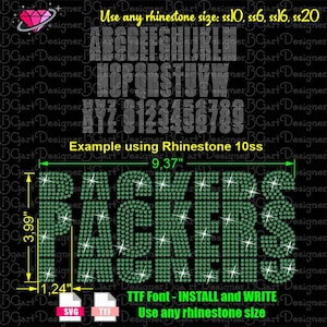 Puede incluir: Una descarga digital de un archivo de fuente para crear diseños de diamantes de imitación. La fuente se muestra en color verde con la palabra "PACKERS" en un tamaño grande. La imagen también incluye un gráfico que muestra el tamaño de la fuente en pulgadas. El texto "TTF Font - INSTALL and WRITE" también está incluido en la imagen.
