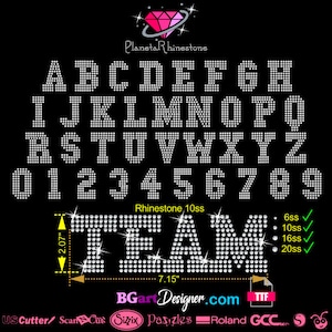 以下が含まれることがあります： ブロックフォントで「TEAM」という言葉をラインストーンでデザインするためのデジタルデザインファイルです。デザインは幅18.16cm、高さ5.26cmです。デザインは6ss、10ss、16ss、20ssのサイズでご利用いただけます。