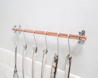 Copper Kitchen Utensil Rail + Chrome Wall Fixtures + Choice of Hanging Hooks