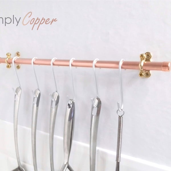 Copper Kitchen Utensil Rail & Brass Wall Fixtures + Choice of Hanging Hooks