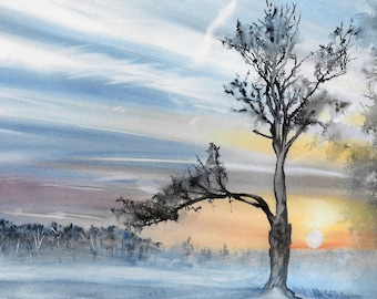 雪山の頂上 オリジナル水彩画 冬の風景 手描きの雪山 手描きの水彩画