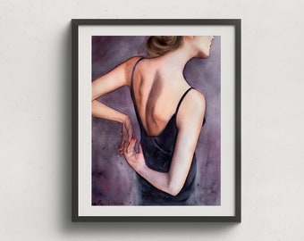 Woman in Black Dress Watercolor Painting: Original Fine Art, 31x41 cm