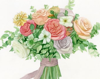 Custom Watercolor Bridal Bouquet Painting, Romantic Floral Anniversary Gift