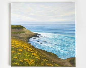 海岸沿いの町の油絵：海辺の風景画 - Etsy 日本