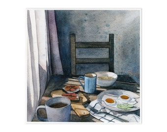 Original akvarell stillebenmålning, frukostmatkonst, 13x13