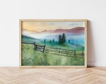 Pintura original de paisaje en acuarela: arte natural de montaña y atardecer