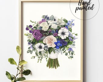 Custom Bridal Bouquet Painting, Watercolor Wedding Bouquet, Anniversary Gift, Personalized Gift