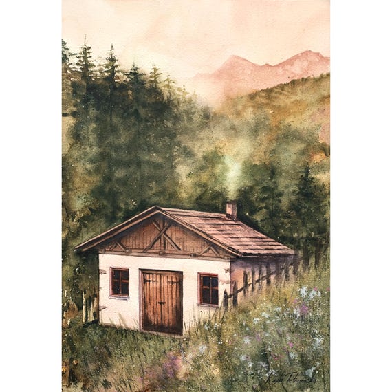 風景画 水彩画 山と小屋 風景画 水彩画 山と小屋 水車小屋のある