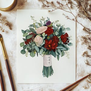 Dipinto di bouquet da sposa, dipinto di bouquet da sposa personalizzato, fiori da sposa acquerellati, regalo ricordo, regalo di anniversario, bouquet disegnato personalizzato