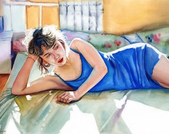 Watercolor Woman Art Print: Blue Silk, Dreamy Morning Decor