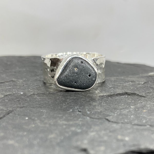Black Seaham Sea glass ring, 925 silver, dimpled ring, sea glass ring, gifts for her, Pirate glass, Statement ring, UK size Q