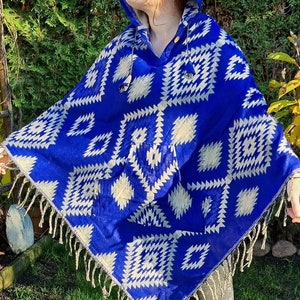 Yak wool blend poncho,  boho poncho, tribal design hooded poncho, kangaroo pocket, Himalayan hippie poncho,  blue, geometric design