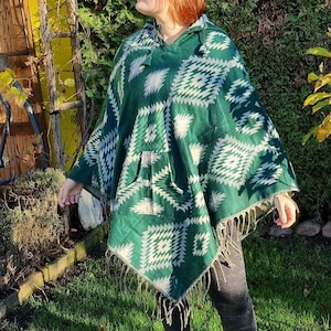 Yak wool blend poncho,  boho poncho, tribal design hooded poncho, kangaroo pocket, Himalayan hippie poncho,  green, geometric design