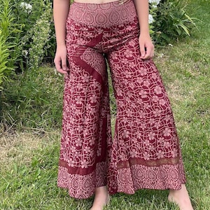 Handmade Boho Chic Silk Palazzo Trousers: Golden Print, Wide Leg