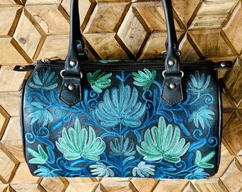 Genuine leather top handle bag, embroidered handbag/shoulder bag, original and stylish handbag with leaf motifs  stunning embroidery, grey