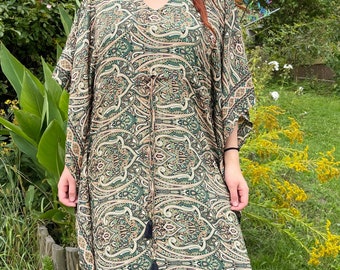 Silk Blend Kaftan: Boho Green Floral Print Tunic Dress