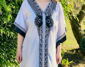 Embroidered Cotton Maxi Kaftan: V-Neck Boho Dress