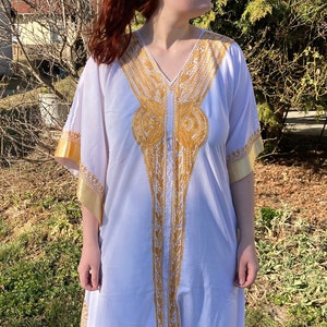 Maxi Embroidered Kaftan, cotton Maxi Dress, Oversize V-Neck Boho Chic Caftan Dress, Hippie Dress  floor length, with golden embroidery