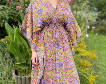 Colourful silk kaftan, boho chic silk  kaftan,  long  printed caftan, kaftan tunic dress, long kaftan tunic with strap, comfortable dress