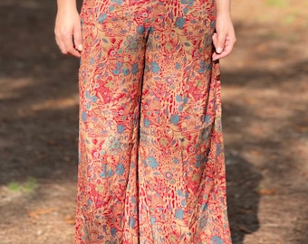 Floral ornaments boho chic silk trousers, palazzo trousers, long women's trousers, wide, comfortable, eye catching trousers/pants, red