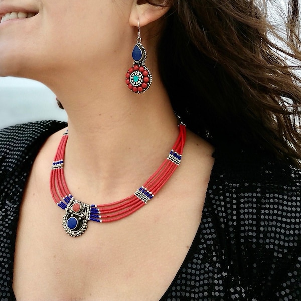 stylish nepal necklace , gemstone seed beads necklace, boho necklace,  ethnic necklace, ethnic handcrafted jewellery, 5 strands necklace
