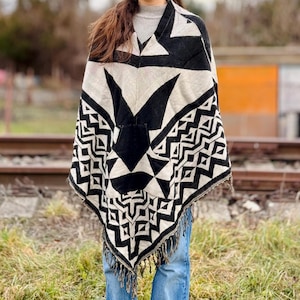 Black & white Yak wool blend poncho,  boho poncho without hoodie,  kangaroo pocket, Himalayan hippie poncho,  geometric design, warm