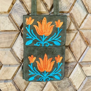 Pochette / sac à main en cuir véritable avec motifs floraux brodés, sac à documents croisés en cuir, sac à bandoulière pour documents
