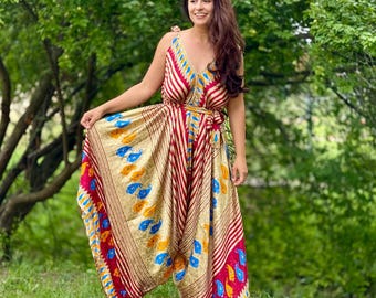 Vibrant Silk Blend Jumpsuit: Boho Chic Sleeveless One-of-a-Kind