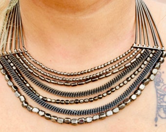 Handcrafted Indian Tribal Choker: Black Beaded Boho Necklace