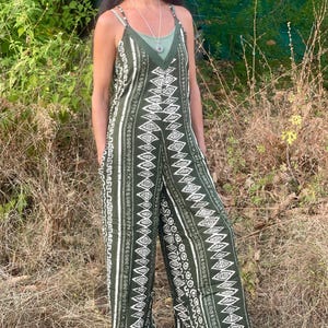 Handprinted Cotton Jumpsuit: Adjustable Straps, Bohemian Style