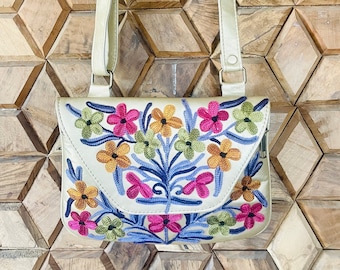 Floral Embroidery Leather Crossbody Bag: Handmade Kashmiri Shoulder Bag