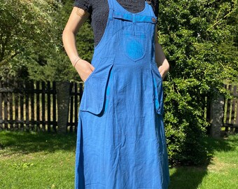 Handwoven skirt dungaree,  organic nepal cotton skirt overall, adjustable straps, various colours, women&#39;s pinafore, 3 pockets, blue