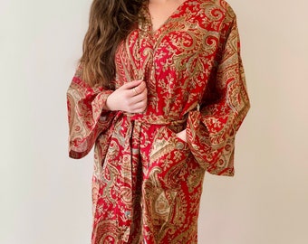 Kimono élégant en voile de coton imprimé à la main, kimono boho chic, articles de salon, robe de chambre, veste boho légère, douce, respirante et fluide