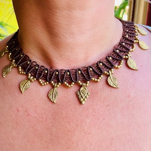 Macrame Choker with brass beads, Goa Styl Macrame Necklace, Macrame handwork, bohemian jewelry, brass beads, adjustable, handmade macrame