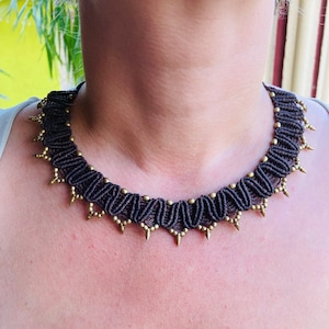 Macrame Choker with brass beads, Goa Styl Macrame Necklace, Macrame handwork, bohemian jewelry, brass beads, adjustable, bohemian macrame